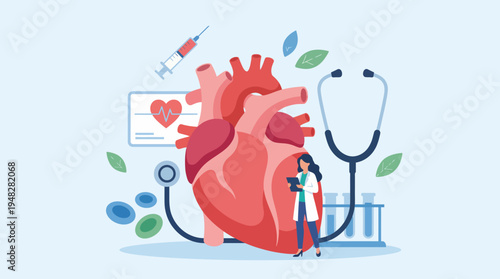 A detailed illustration of a heart surrounded by medical elements such as stethoscopes and syringes, emphasizing the importance of health and wellness in a vibrant design.