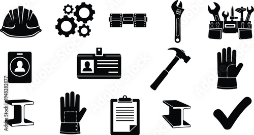 Silhouette of various construction tools and equipment isolated on transparent background