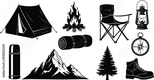 Camping silhouette icons isolated on transparent background