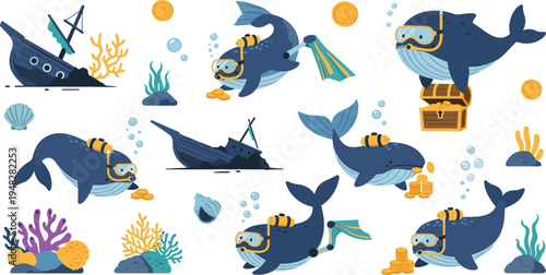 Cute scuba diver whale characters exploring underwater shipwreck treasure coins coral reef ocean adventure playful cartoon vector illustration set