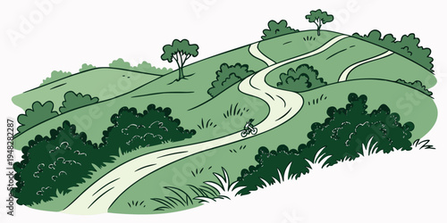 a winding road through a green hillside with trees Vector