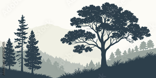 silhouette of trees on a hillside with mountains Vector