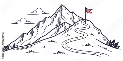 a mountain with a flag on top and a winding path Vector