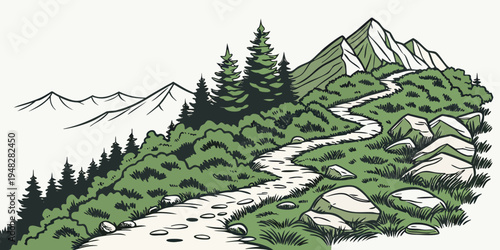 a green hillside with trees and a mountain range Vector