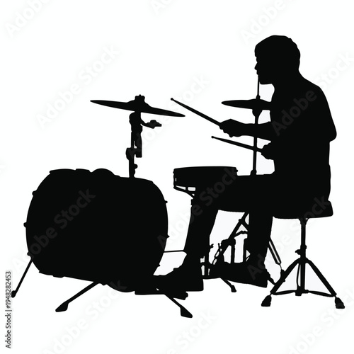 Silhouette Of A Drummer Playing A Drum Kit From The Side On White Background drums percussion