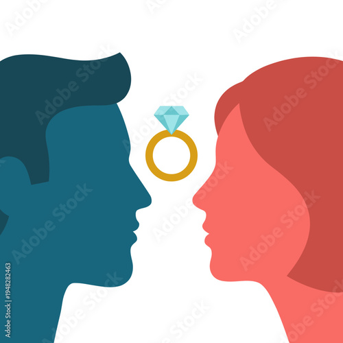 A silhouette of a couple facing each other with an engagement ring above them, capturing the essence of love, commitment, and romantic relationships in a visual representation.