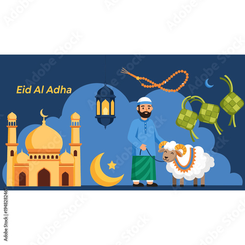 Eid Al Adha celebration with a man, mosque, sheep, lantern, and moon