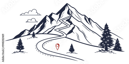 person hiking on a winding road to a snow-capped mountain Vector