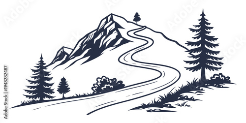 a winding road leading to a mountain with trees Vector