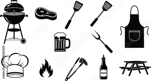 Silhouette of barbecue and cooking utensils isolated on transparent background