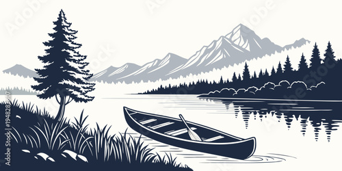 a canoe sits on the shore of a lake with a tree and mountains Vector