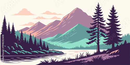 a serene mountain landscape with trees and a lake Vector