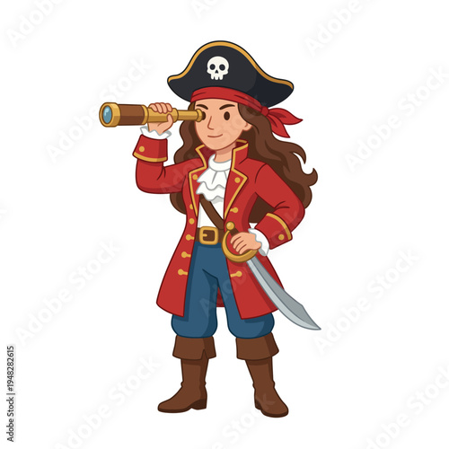 This playful image features a young pirate character holding a spyglass and sword, embodying adventure, bravery, and imagination in a whimsical style.