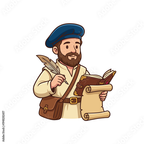 A learned scholar depicted holding a quill and a scroll, dressed in traditional attire, embodying the spirit of knowledge, learning, and intellectual pursuit in history and literature.