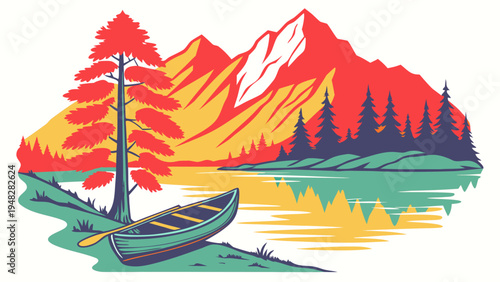 a sailboat on a lake with mountains in the background Vector