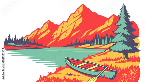 a canoe sits on the shore of a lake with a mountain range in the background Vector