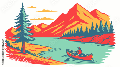 person canoeing on a serene lake surrounded by mountains Vector