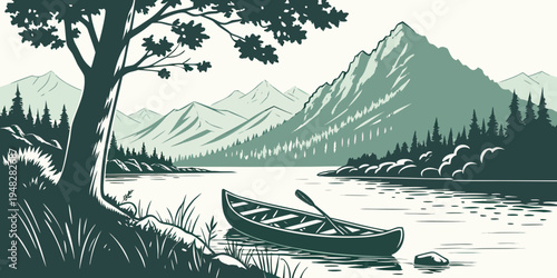 a serene lake scene with a tree and mountain range Vector