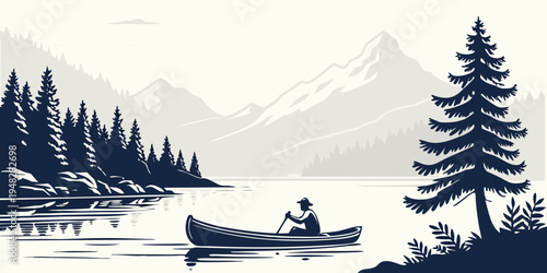 a person in a canoe on a serene lake surrounded by mountains and trees Vector