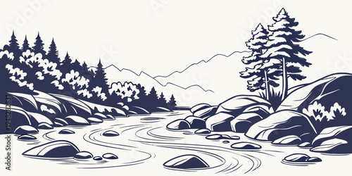a serene landscape with a river and trees Vector