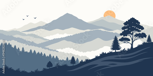 a serene mountain landscape at sunrise Vector