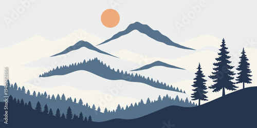 a mountain landscape with trees and a sun Vector