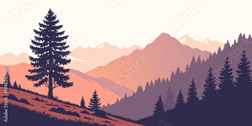 a serene mountain landscape with a single pine tree on a hill Vector