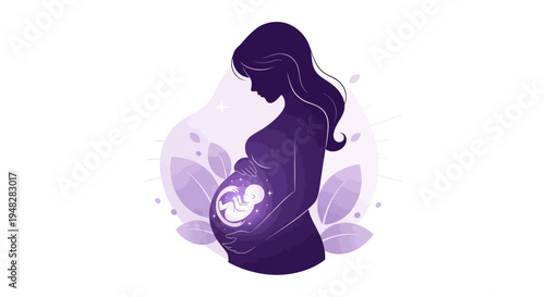 Illustration of a pregnant woman in purple silhouette holding her belly with a baby inside, surrounded by leaves and dots on a light purple background, symbolizing prenatal life awareness