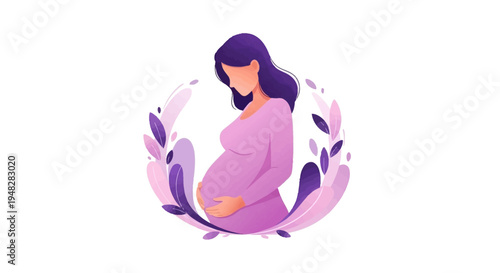 Illustration of a pregnant woman in a purple dress surrounded by leaves, conveying prenatal life awareness and pregnancy protection concept