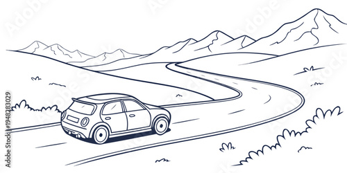 a blue drawing of a car driving on a winding road Vector
