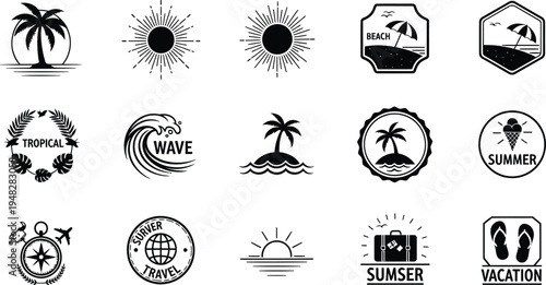 Canvas Print Collection of beach and surf silhouettes isolated on transparent background