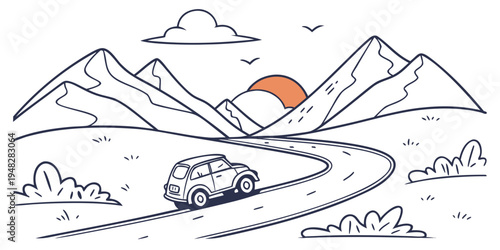 a car drives down a winding road through mountains Vector