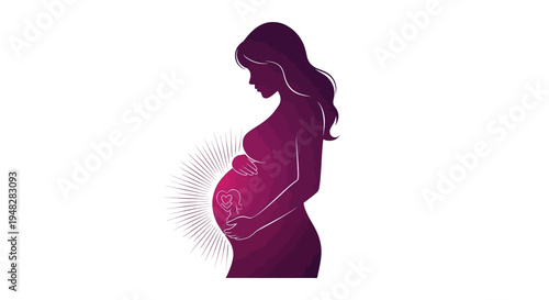 Illustration of a pregnant woman in silhouette with hands on belly and a glowing prenatal life awareness symbol, representing motherhood and pregnancy protection concept