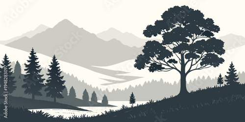 a tree on a hill with mountains in the background Vector
