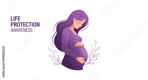 Illustration of a pregnant woman in purple with a silhouette effect, conveying prenatal life awareness and pregnancy protection concept on a white background