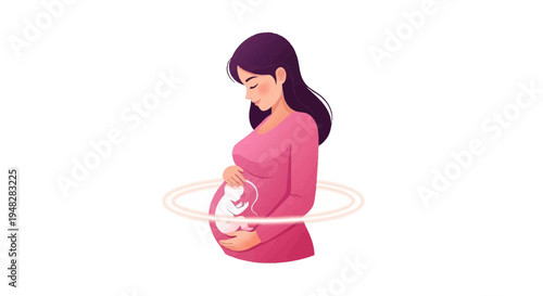 A pregnant woman in pink clothing cradles her belly with a white ribbon wrapped around it, symbolizing prenatal life awareness and pregnancy protection on a white background