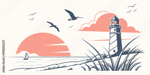 a serene lighthouse by the sea at sunset Vector
