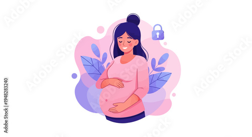 A pregnant woman protects her unborn child with a lock symbol nearby, surrounded by leaves on a pink background, promoting prenatal life awareness and pregnancy protection