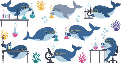 Cute cartoon whale scientist characters doing chemistry experiments with laboratory equipment bubbles and coral playful marine science vector illustration set