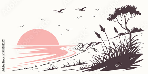 a serene sunset over a body of water with trees and birds Vector