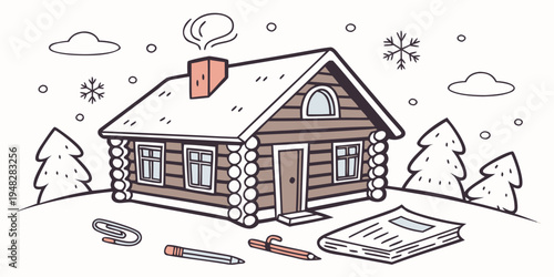 a small brown house with snow on the roof Vector