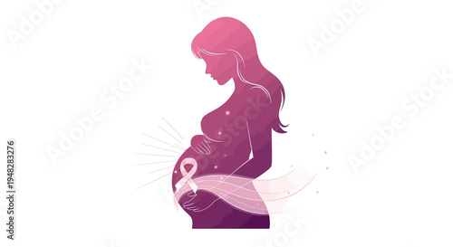 A pregnant woman's silhouette conveys prenatal life awareness and motherhood in a pink and purple illustration with a white heartbeat line design