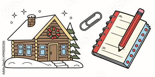 a house with snow on the roof and a notebook Vector