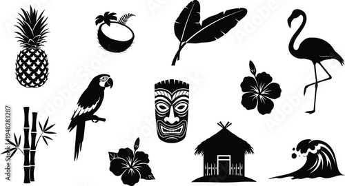 Tropical icons silhouette isolated on transparent background