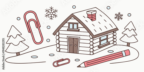 a brown log cabin with a snow covered roof and christmas decorations around Vector