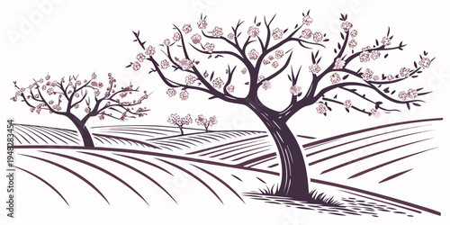 a tree with pink flowers on a field Vector