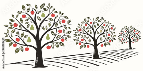 three apple trees with red apples and green leaves Vector