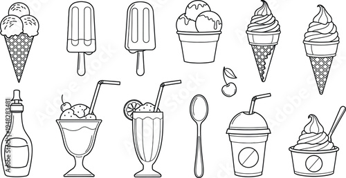 Silhouette of various ice cream and soda treats isolated on transparent background