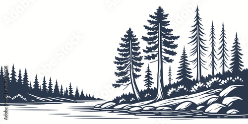 a serene lake scene with a rocky shoreline and tall pine trees Vector