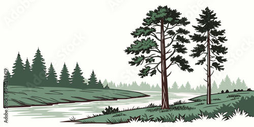 a serene landscape with two pine trees by a river Vector